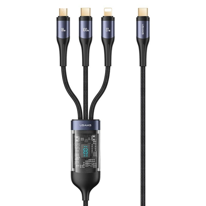 USAMS US-SJ600 3IN1 Transparent Digital Display PD100W Fast Charging Data Cable-1.2m (U83)