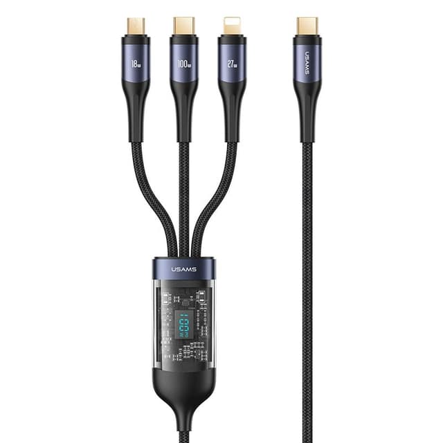 USAMS US-SJ600 3IN1 Transparent Digital Display PD100W Fast Charging Data Cable-1.2m (U83)