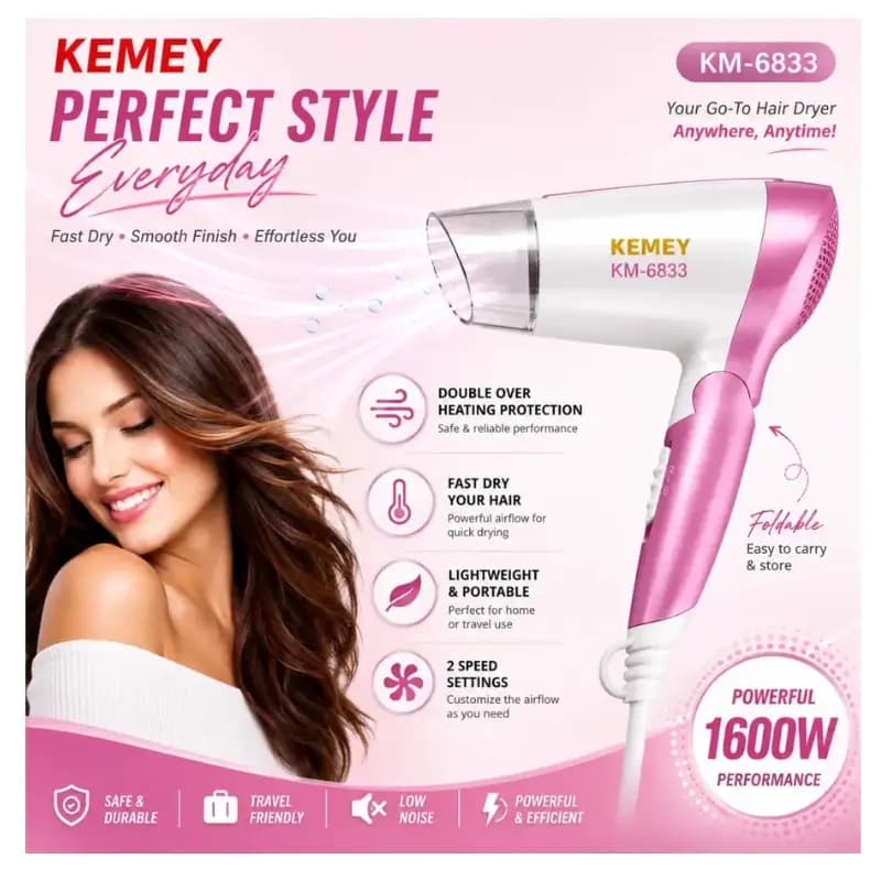 Kemei KM-6833 1600W Foldable Hair Dryer for Travel