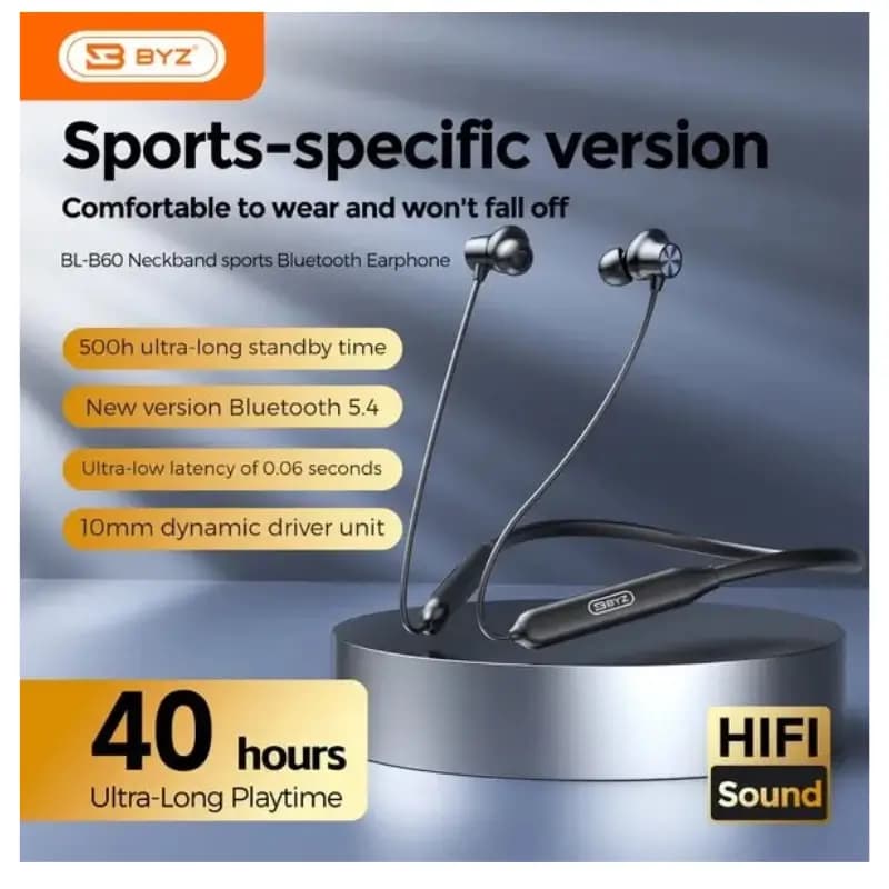BYZ BL-B60 Bluetooth Neckband Headphones with Magnetic Earbuds