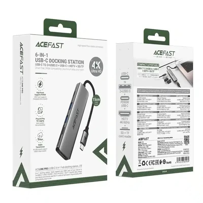 ACEFAST J18 6-in-1 USB-C Docking Station – 90W PD Fast Charging