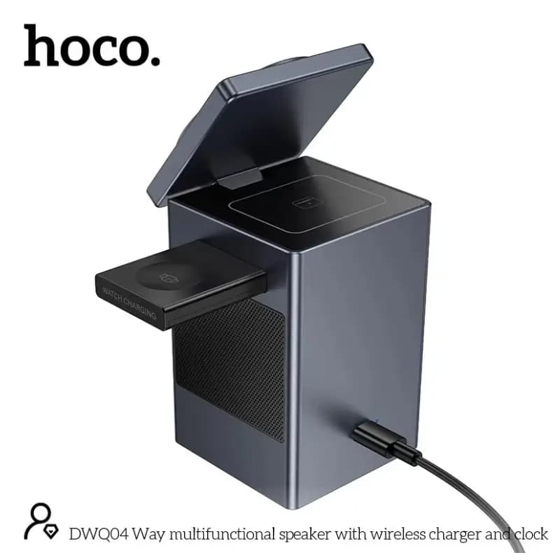 Hoco DWQ04 3-in-1 Wireless Charging Station With 15W Fast Charging, Bluetooth 5.3 Speaker & Alarm Clock