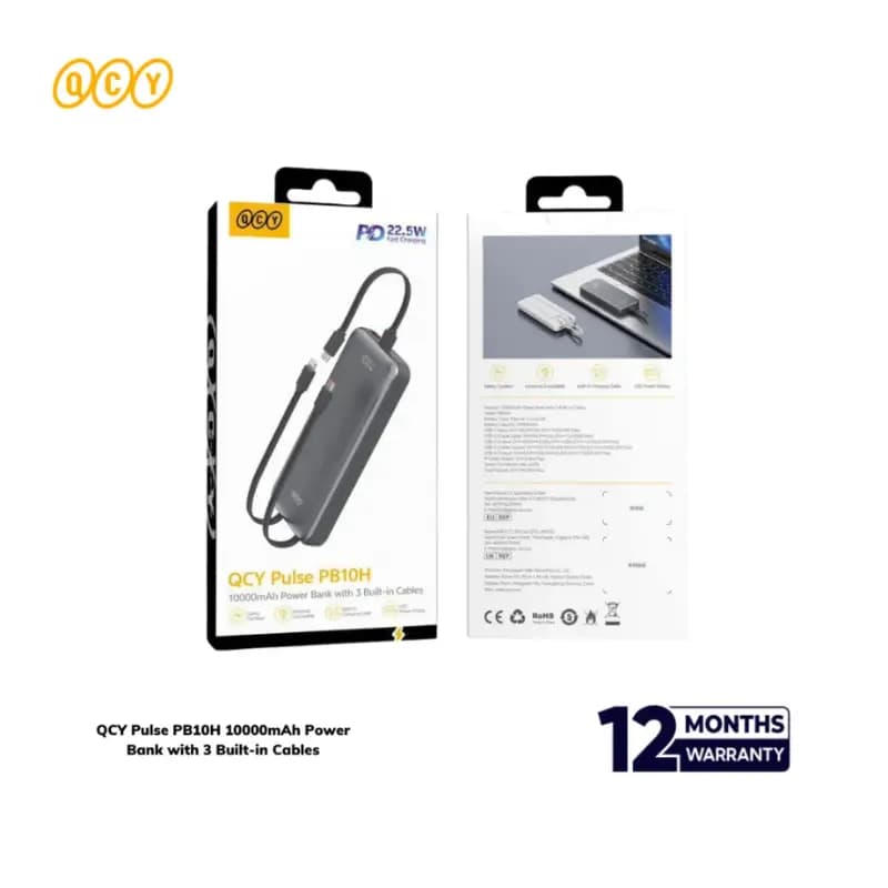 QCY Pulse PB10H 10000mAh Power Bank With 3 Built-In Cables