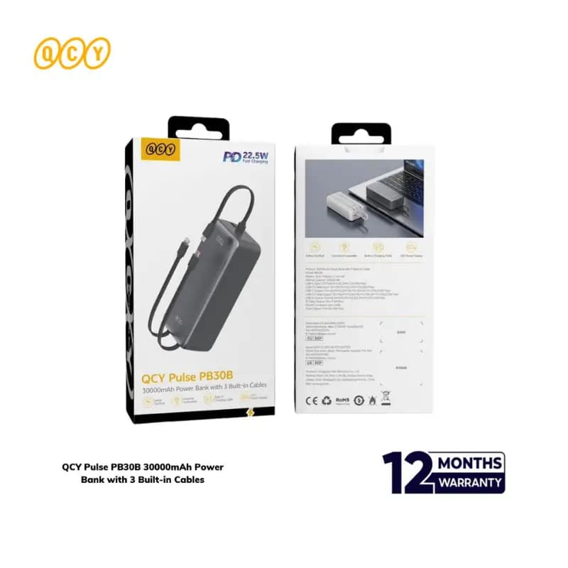 QCY Pulse PB30B 30000mAh Power Bank with 3 Built-In Cables