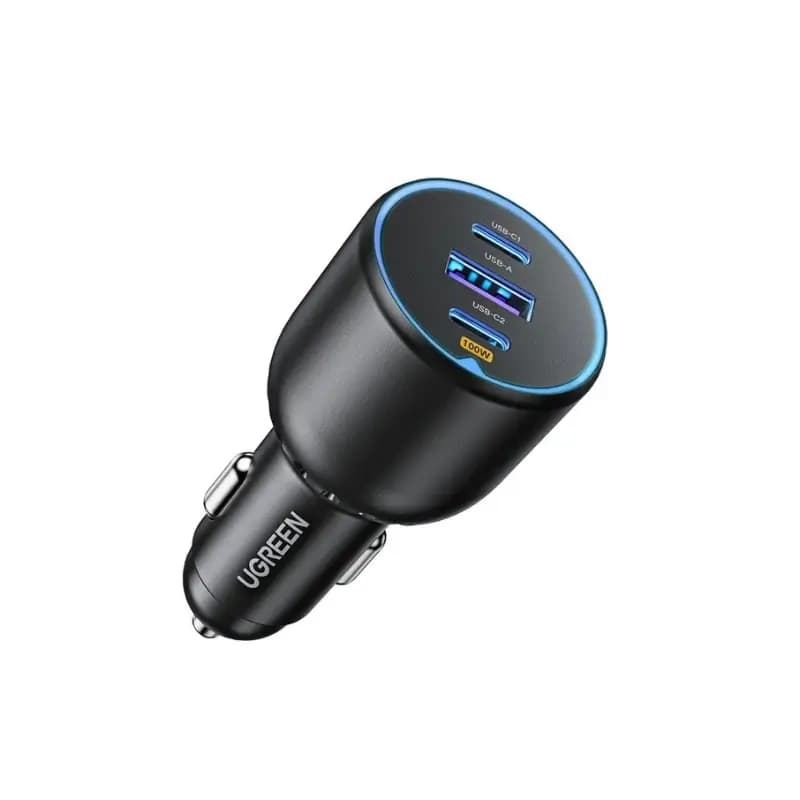 UGREEN car charger plugged into vehicle socket with light ring on