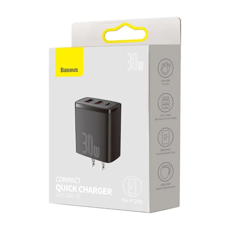 BASEUS Compact Quick Charger 2U+C Three Ports 30W Travel Power Adapter US Plug BASEUS Compact Quick Charger 2U+C Three Ports 30W Travel Power Adapter US Plug