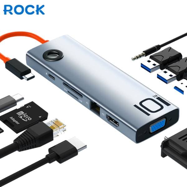 Rock TR30 10in1 Type-C To HDMI VGA Audio USB 3.0 SD TF LAN PD Docking Station Hub Rock TR30 10in1 Type-C To HDMI VGA Audio USB 3.0 SD TF LAN PD Docking Station Hub