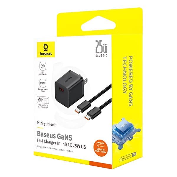 Baseus GaN5 Fast Charger mini 1C 25W With 1M USB-C to USB-C Cable Baseus GaN5 Fast Charger mini 1C 25W With 1M USB-C to USB-C Cable