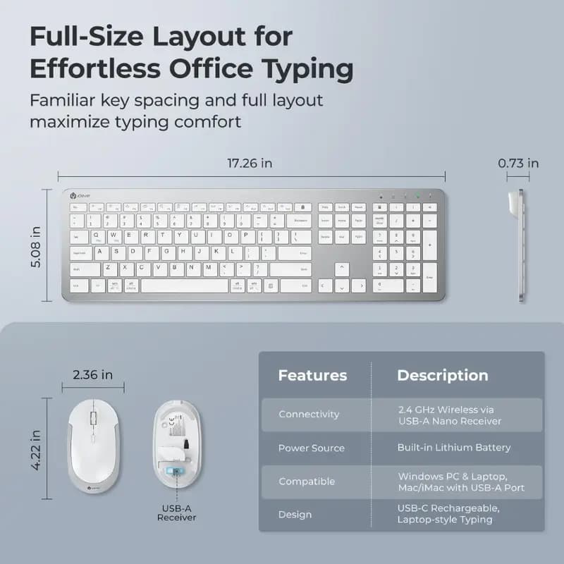iClever GK08 Quiet Wireless Keyboard Mouse Combo for Mac and Windows iClever GK08 Quiet Wireless Keyboard Mouse Combo for Mac and Windows