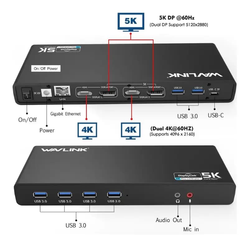 Wavlink WL-UG69DK1 USB-C Dual 4K Docking Station with DisplayLink Wavlink WL-UG69DK1 USB-C Dual 4K Docking Station with DisplayLink