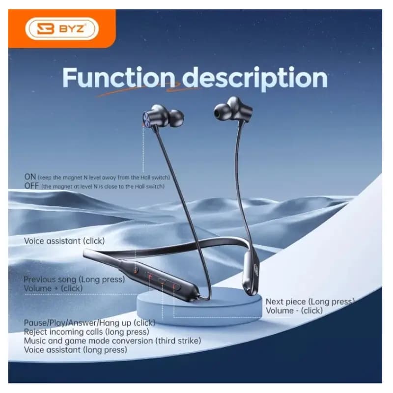 BYZ BL-B60 Bluetooth Neckband Headphones with Magnetic Earbuds