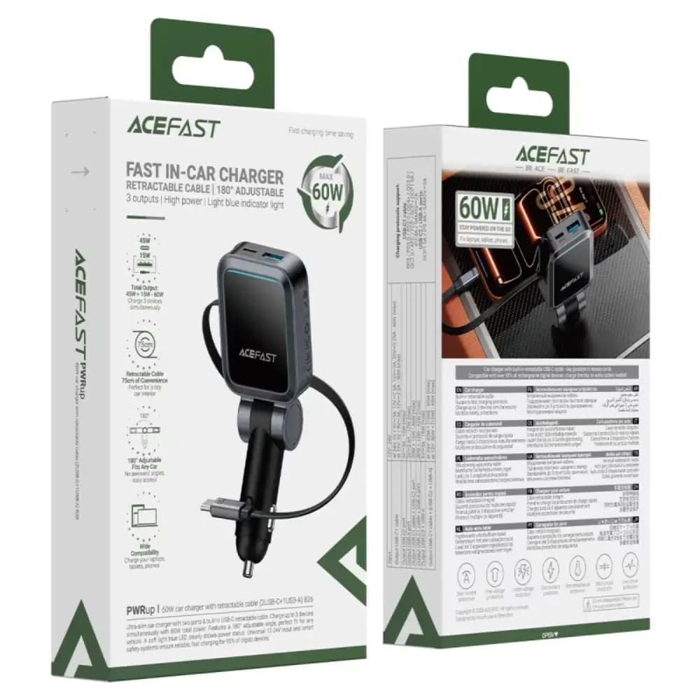 ACEFAST B26 60W Car Charger with Retractable USB-C Cable ACEFAST B26 60W Car Charger with Retractable USB-C Cable