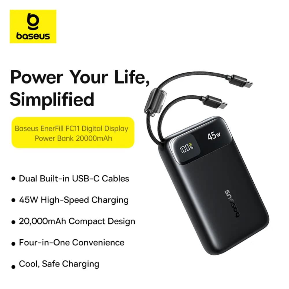 Close-up of built-in Type-C and Lightning cables on power bank