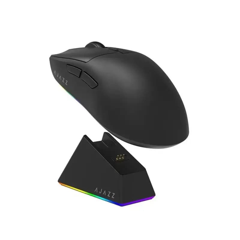 Ajazz gaming mouse resting on its included charging dock