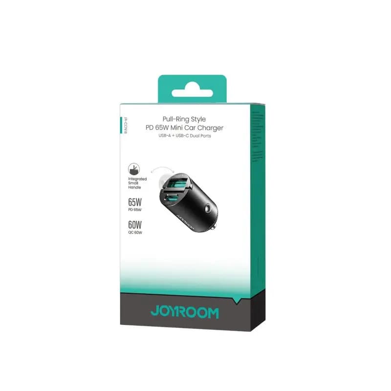 Black Joyroom car charger plugged into a car socket while charging a phone Black Joyroom car charger plugged into a car socket while charging a phone