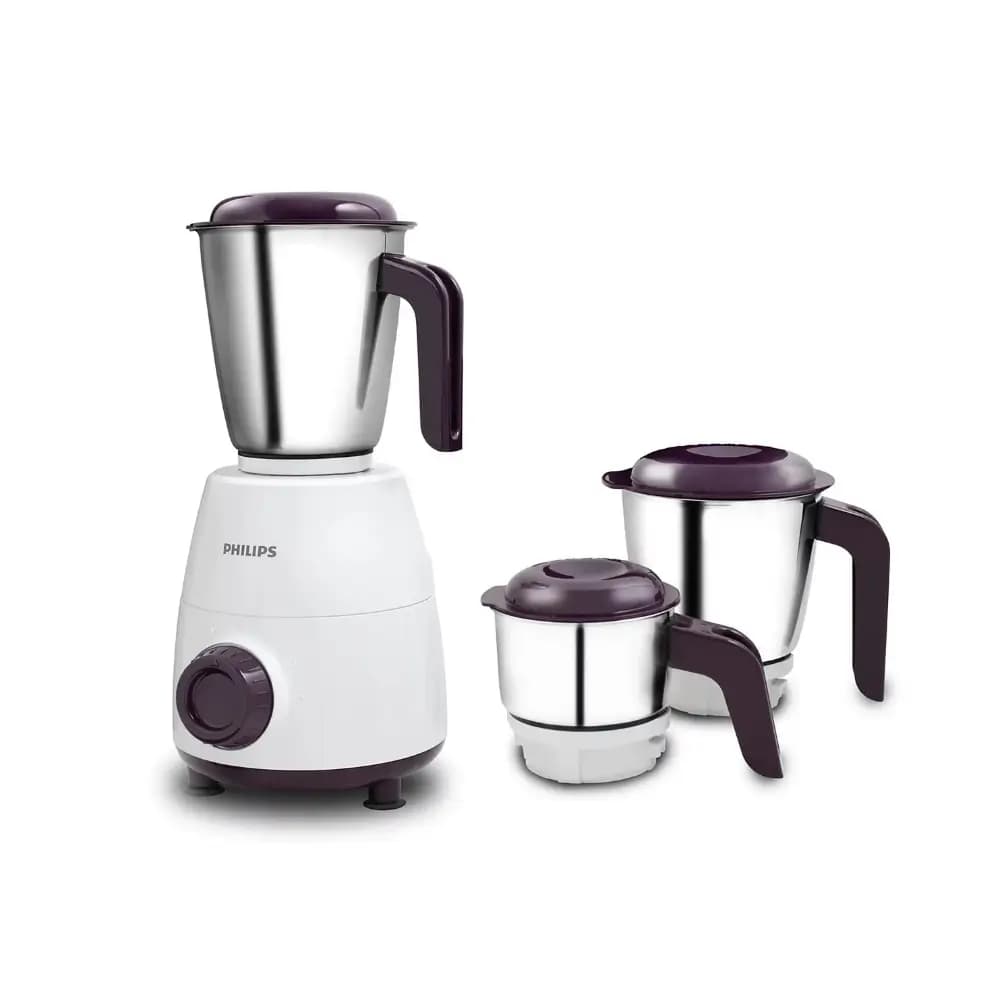 Three stainless steel jars of the Philips HL7505 mixer grinder in different sizes Three stainless steel jars of the Philips HL7505 mixer grinder in different sizes