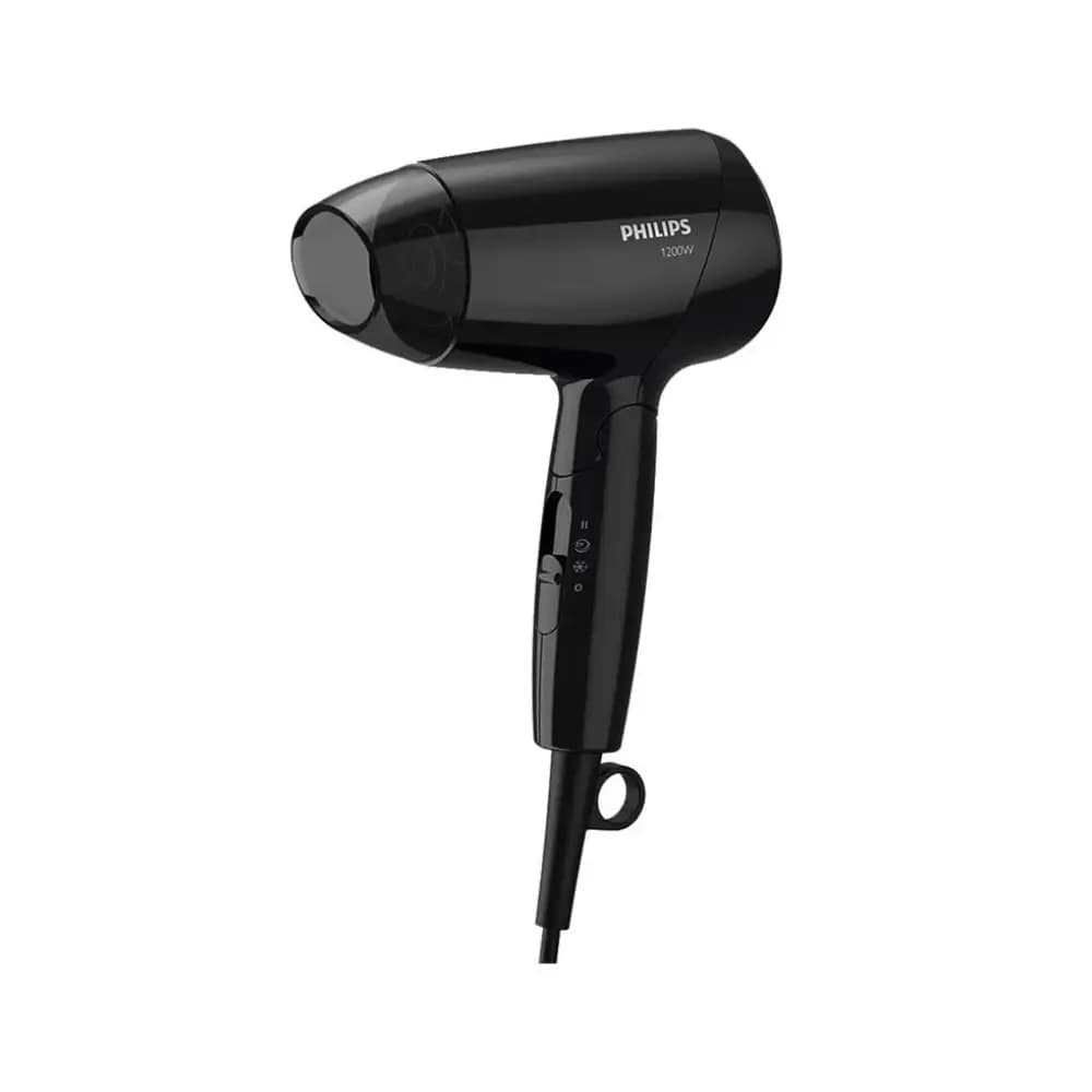Philips BHC010/10 1200W Compact Hair Dryer in Black Close-up of Philips BHC010/10 hair dryer nozzle and black plastic body