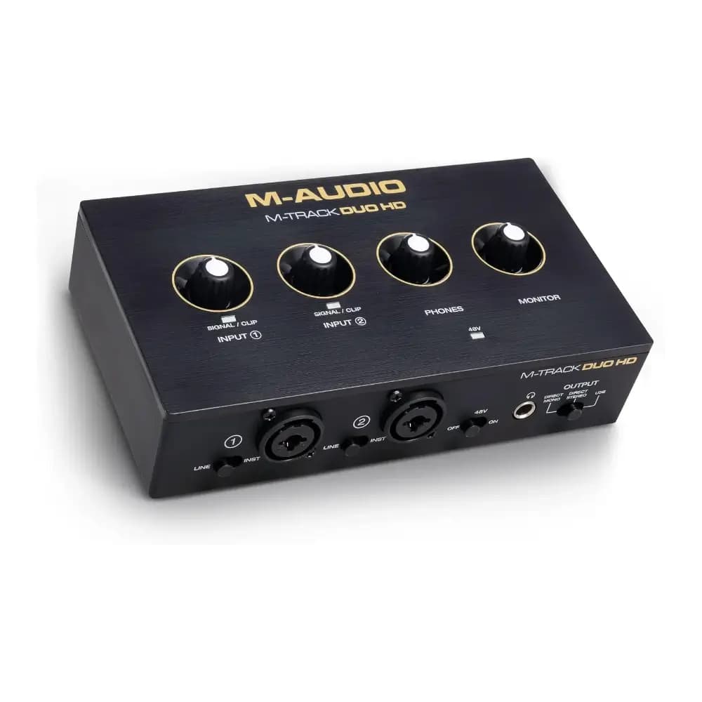 Close-up detail of M-Track Duo HD input controls