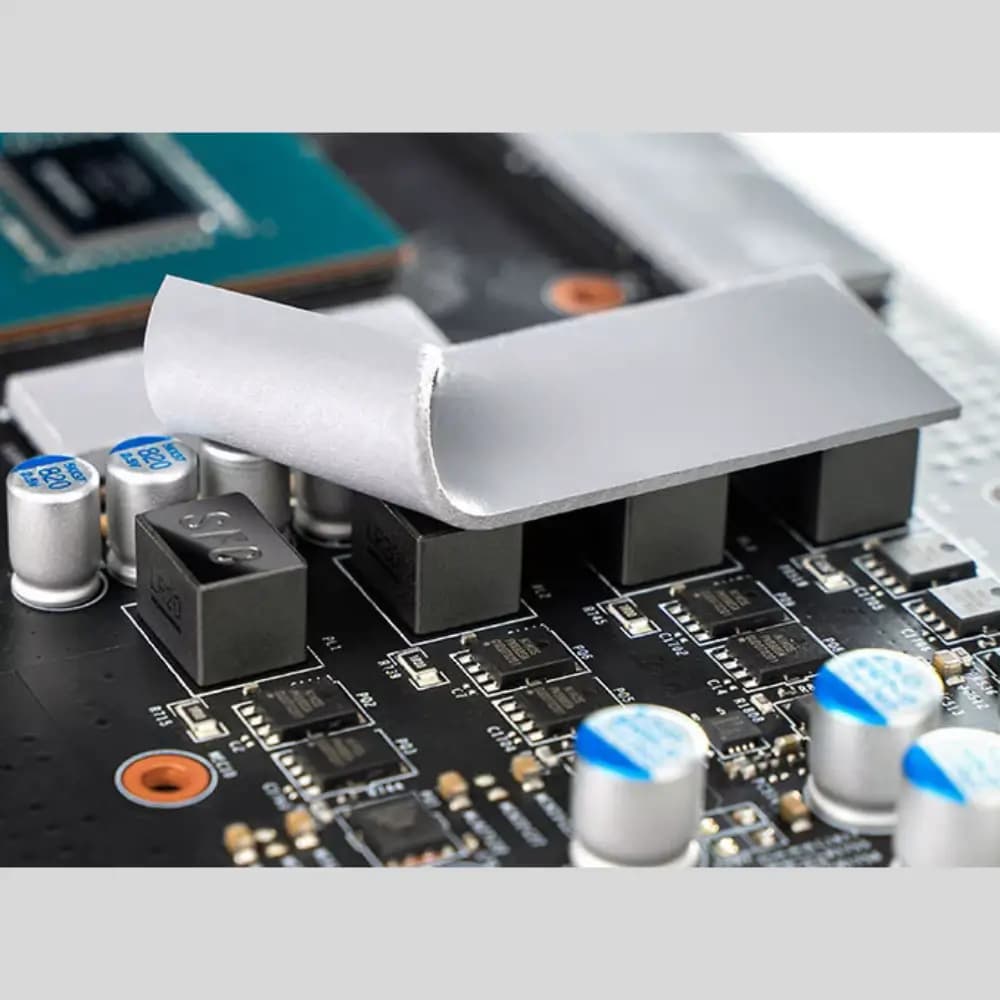 DeepCool thermal pad placed on a graphics card during a PC cooling upgrade DeepCool thermal pad placed on a graphics card during a PC cooling upgrade