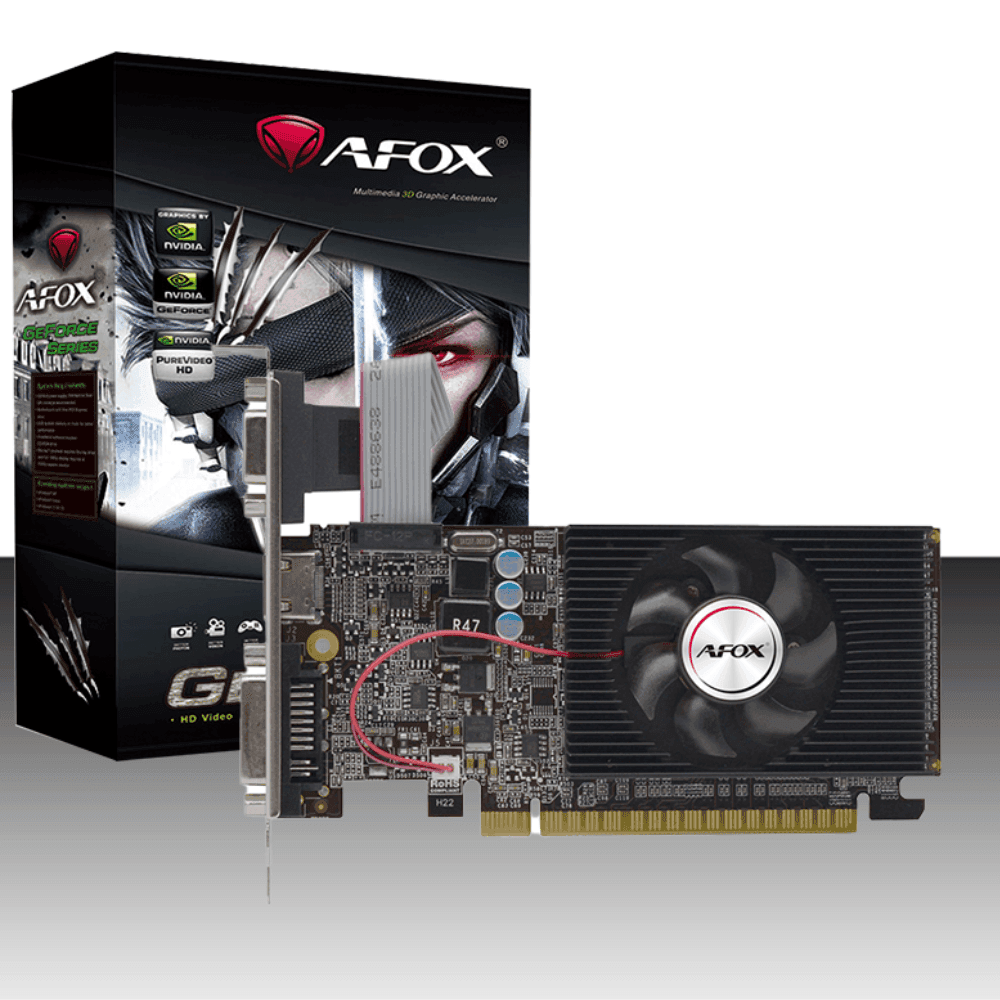 AFOX GT 610 2GB DDR3 Graphics Card for Home Office PCs (54 characters, concise) Close-up of AFOX GT 610 PCIe 2.0 gold connector and DDR3 memory chips