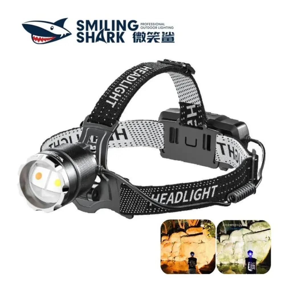 Smiling Shark TD8021 Rechargeable LED Headlamp with Zoom Dual light source of the Smiling Shark TD8021 headlamp switched on