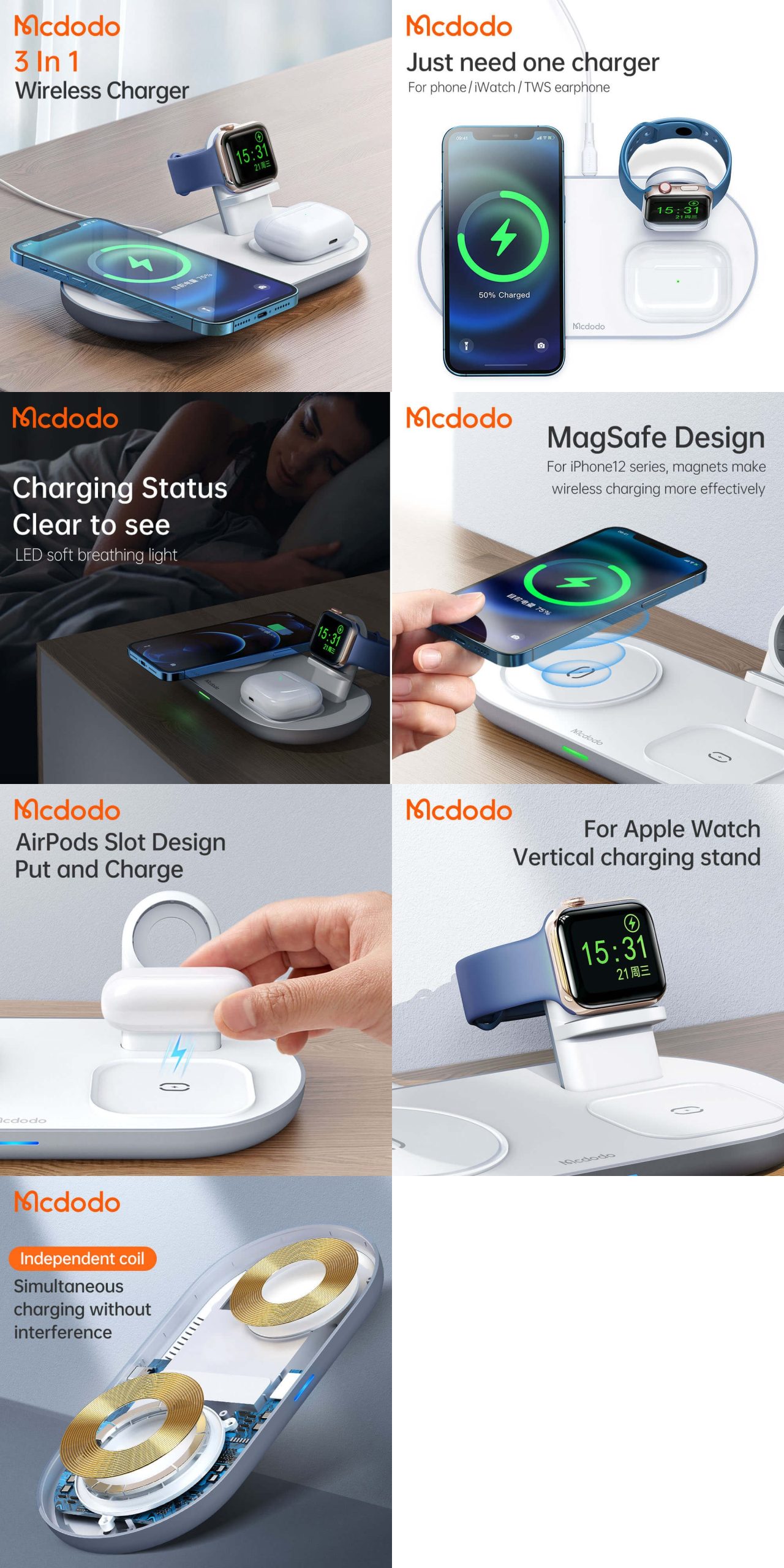 Mcdodo 3 in 1 15W Fast Wireless Charger Pad