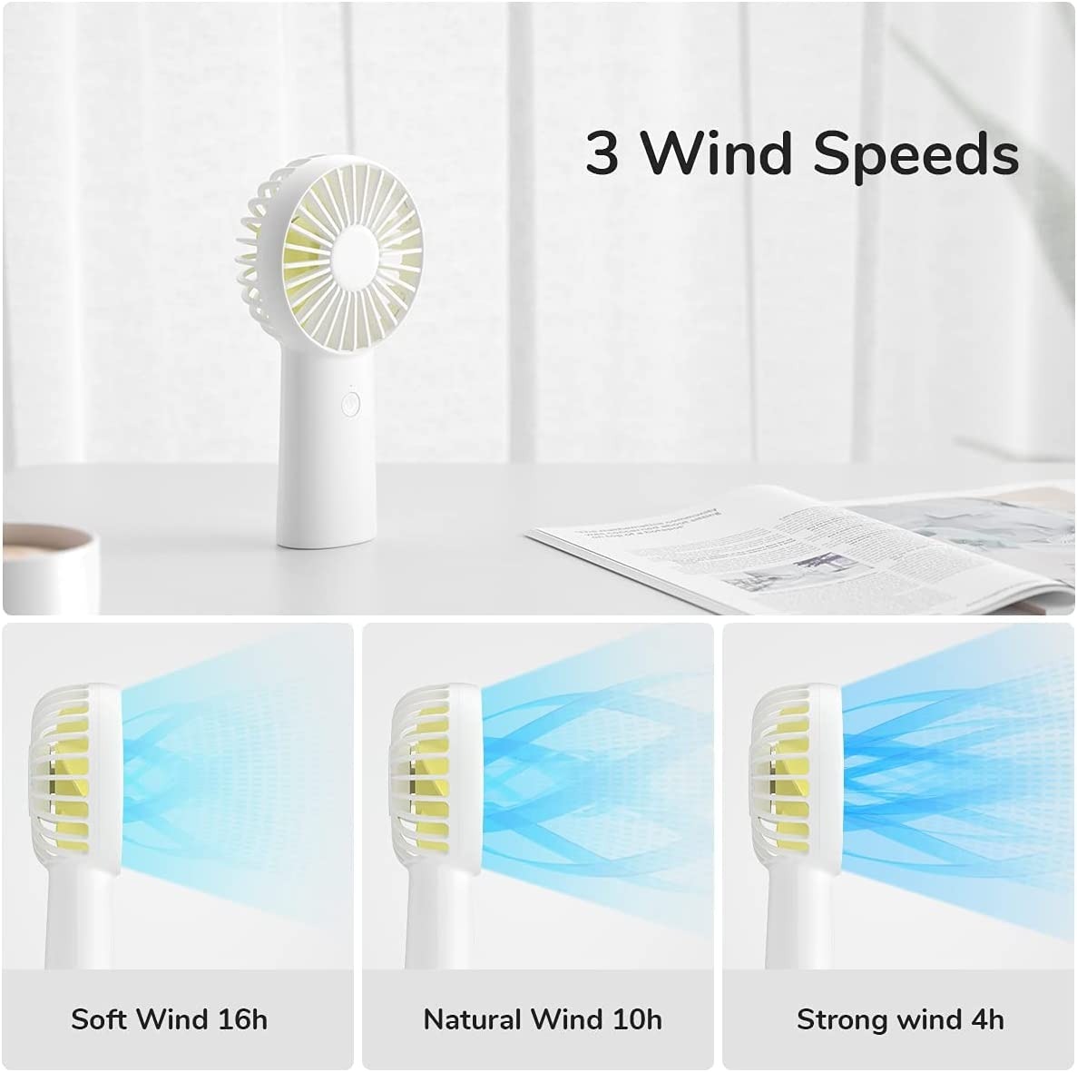 JISULIFE Fa20X Handheld Portable Hand Held Fan 4000mAh: Feature: Long Battery Life：4000mAh Battery, 4-16 hours working time Fast Charging: TYPE-C,get it fully charged for only 3-4h Wind Power Upgraded：the fastest motor rotation speed is up to 4400RPM. 3 Wind Speeds：Soft Breeze- Gentle Wind-Strong Wind Material Upgraded: made of ABS material,long use does not fade. 