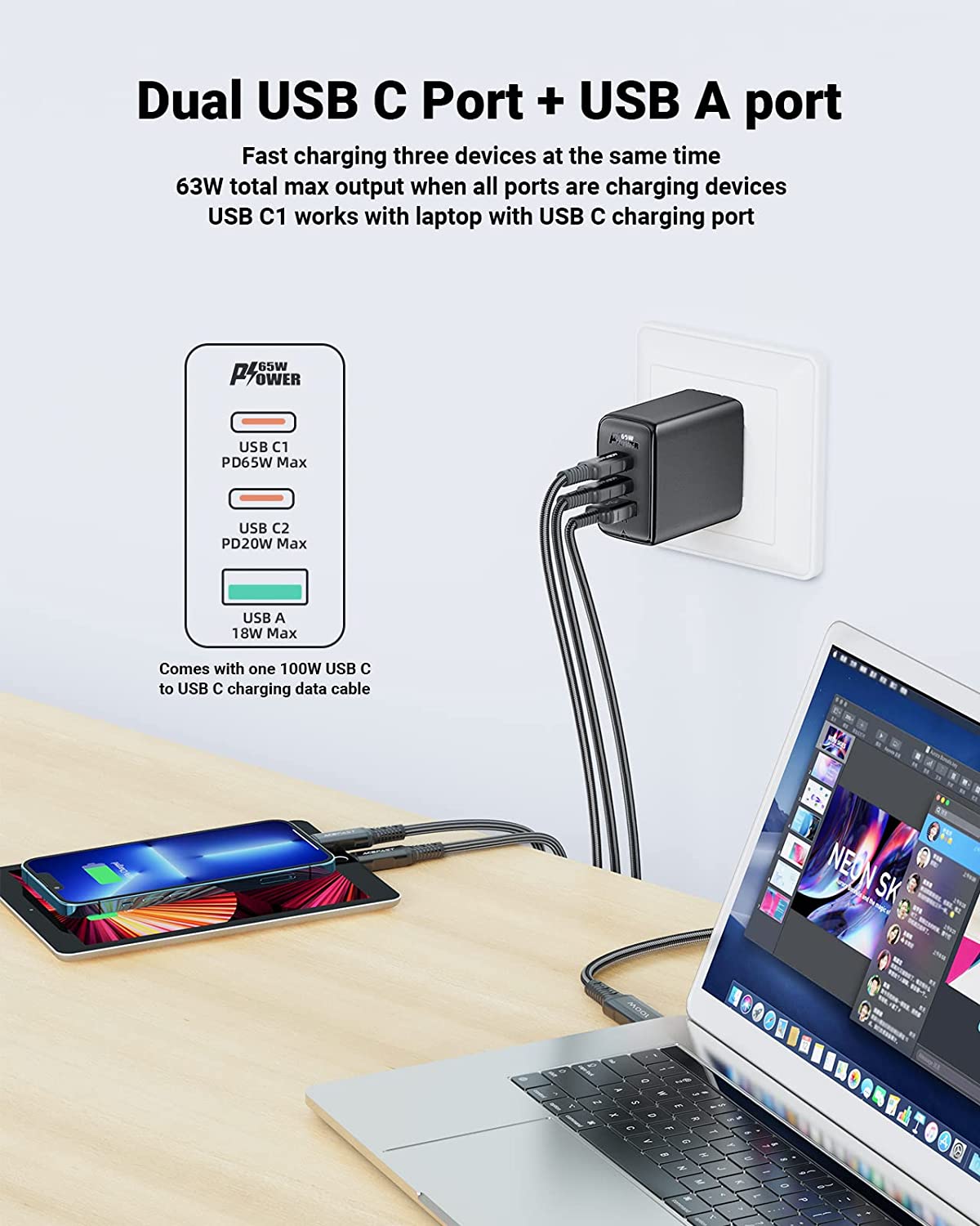 ACEFAST A43 PD 65W 3 Port Fast Charger