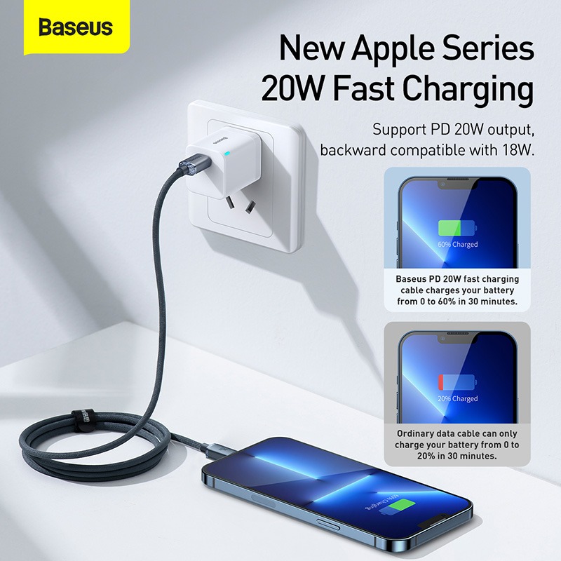 Baseus Crystal Shine Series 20W Fast Charging Type-C to Lightning Cable: Feature: Brand: Baseus Name: Baseus Crystal Shine Series Fast Charging Data Cable Type-C to iP 20W Crystal appearance design Glossy appearance and fast charging at low temperatures offer you a new charging experience. 20W fast charging Apple It supports PD 20W fast charge and backwards compatibility, without pop-up windows. Smart recognition chip Smart recognition of fast charging devices helps it control current and voltage properly and ensure safe fast charge. 480 Mbps of transmission rate The speed is as fast as 480 Mbps, fast charging/fast data transfer. Braided-fabric cable Tight braids for a practical use yet minimalist. Name Baseus Crystal Shine Series Fast Charging Data Cable Type-C to iP 20W Color Black/Blue/Purple Material Aluminum alloy casing + Braided-fabric cable Power PD 20W