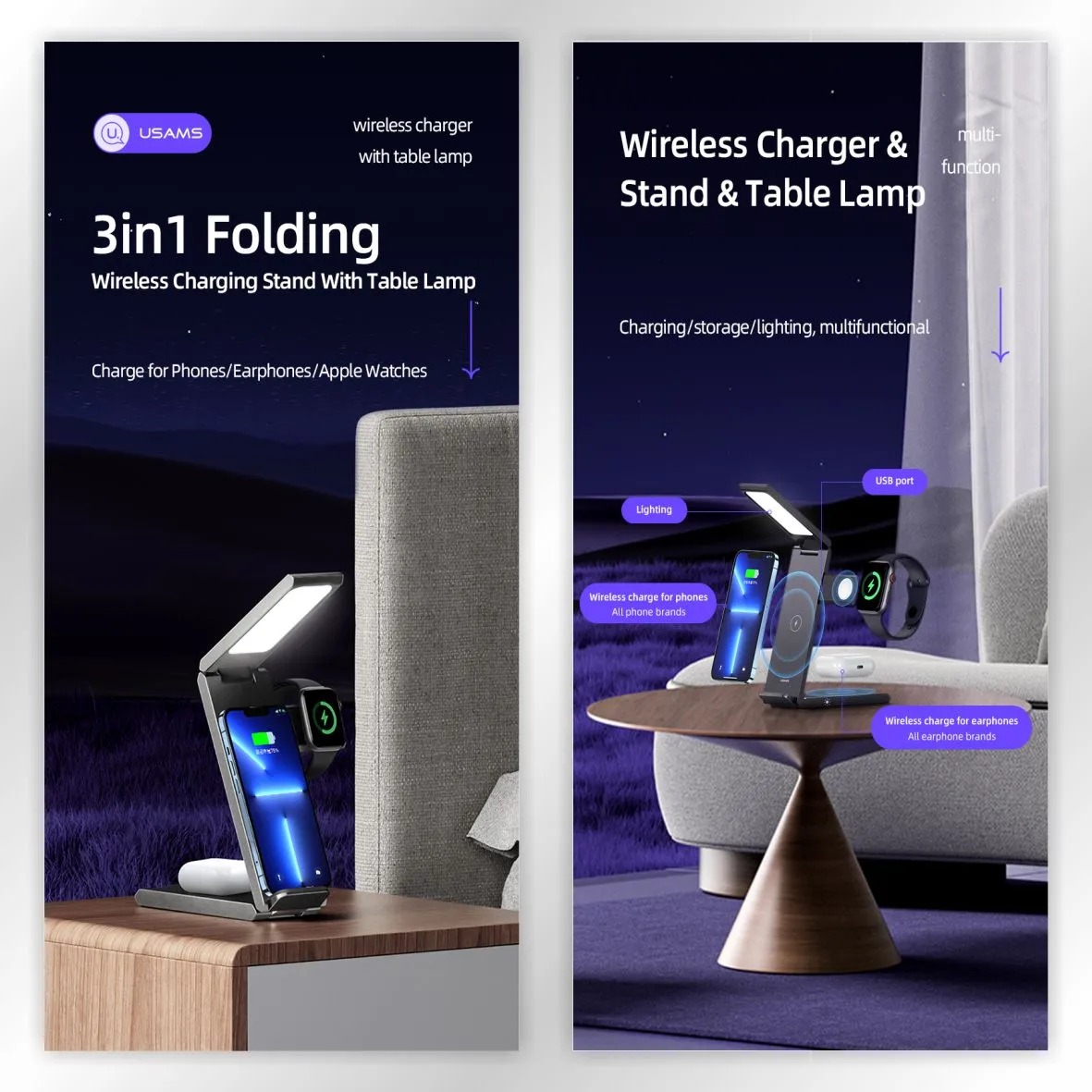 USAMS US-CD181 15W 3 in 1 Folding Wireless Charging Stand With Table Lamp