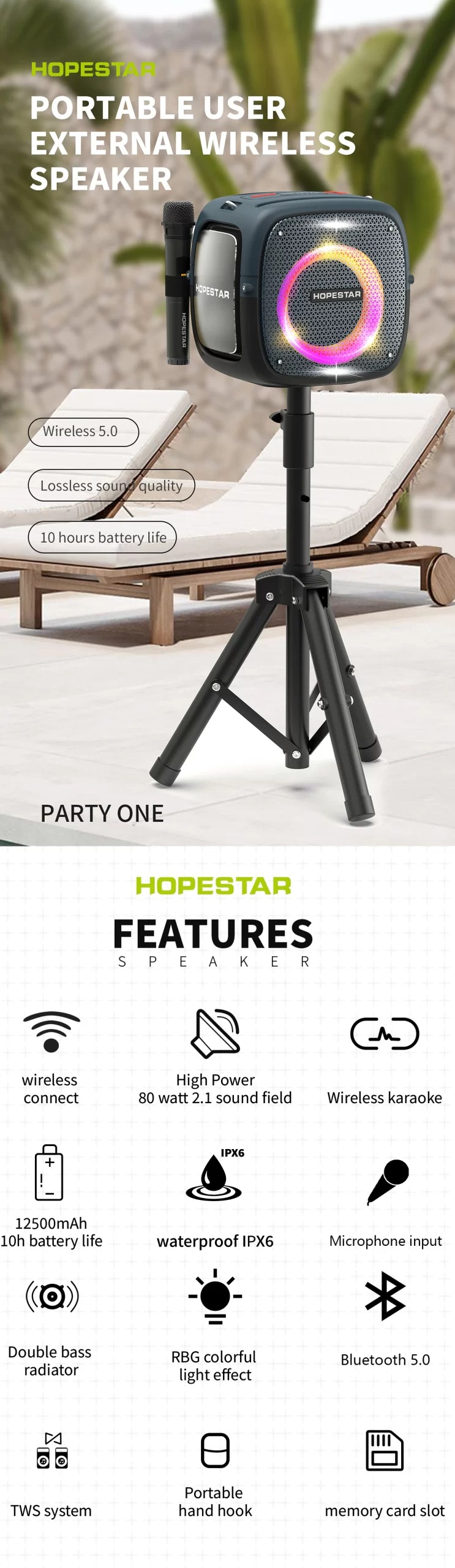Hopestar PARTYONE 80W RGB Bluetooth Speaker with Dual Microphone