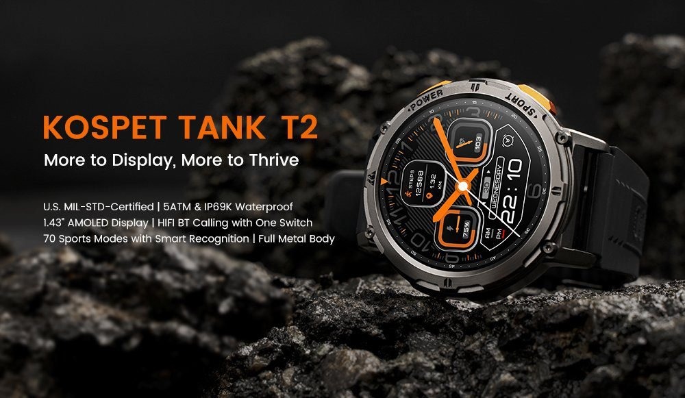 Kospet Tank T2 Overview Kospet TANK T2 is a top-of-the-line rugged smartwatch that boasts an impressive array of features with the military-grade build quality. Its large AMOLED retina display provides a clear and bright view, making it easy to use even in bright sunlight. The military quality build ensures that the watch is durable and long-lasting, even in harsh conditions. With its 5ATM and IP69K resistance, the watch is also water-resistant, making it perfect for swimming and other water activities. Its 70 sports modes make it perfect for fitness enthusiasts who want to track their progress accurately. Besides that, the 24/7 health monitor tracks heart rate, blood oxygen levels, and sleep patterns, providing valuable insights into one's overall health. The smartwatch allows for Bluetooth calling with HIFI audio, providing a seamless calling experience. The smartwatch has a mega battery life that can last all day, even with heavy usage. And with its always-on display, users can easily check the time, even when the watch is not in active use. Kospet TANK T2 is an ideal choice for anyone looking for a smartwatch with advanced features and military-grade durability. 