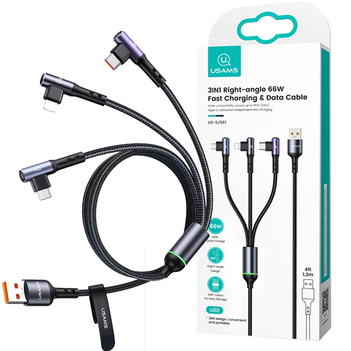 USAMS US-SJ561 U80 3IN1 Right-angle 66W Fast Charging & Data Cable