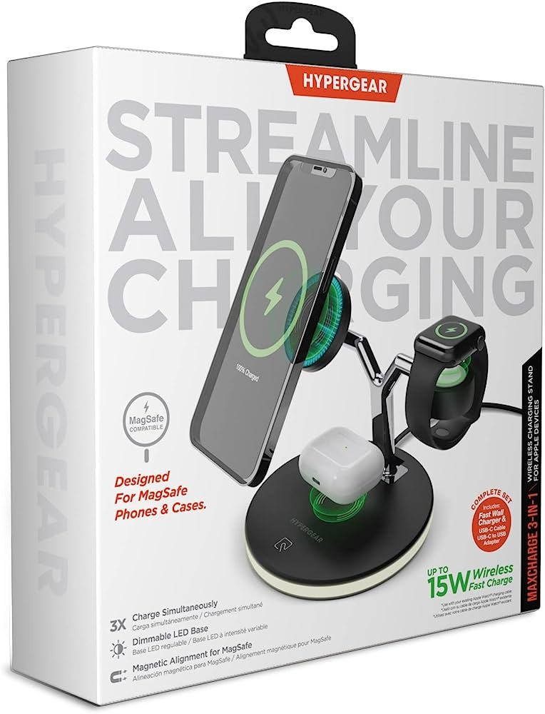 HyperGear MaxCharge 3-in-1 Wireless Charging Stand: Feature: Fast Charge on Contact: Engineered with 3X the power of standard wireless and wired chargers, the 15W maximum wireless charging output can save you 2 hours of total charging time. Optimized For iPhone Fast Charge: The charging stand automatically adjusts between a 5W, 7.5W, 10, and 15W maximum output to ensure that your phone will receive the fastest charge possible. Magnetic Alignment: With a dedicated Magnetic compatible wireless charging surface, hover your iPhone 13 or Magnetic device near the stand to instantly lock your device in place for easy one-handed functionality as you power up. Optimal Viewing Angle: Your phone and watch dock upright, keeping your hands free and your apps, notifications, and videos at a convenient and glance-able level while charging. It’s also perfect for Face ID and Nightstand mode