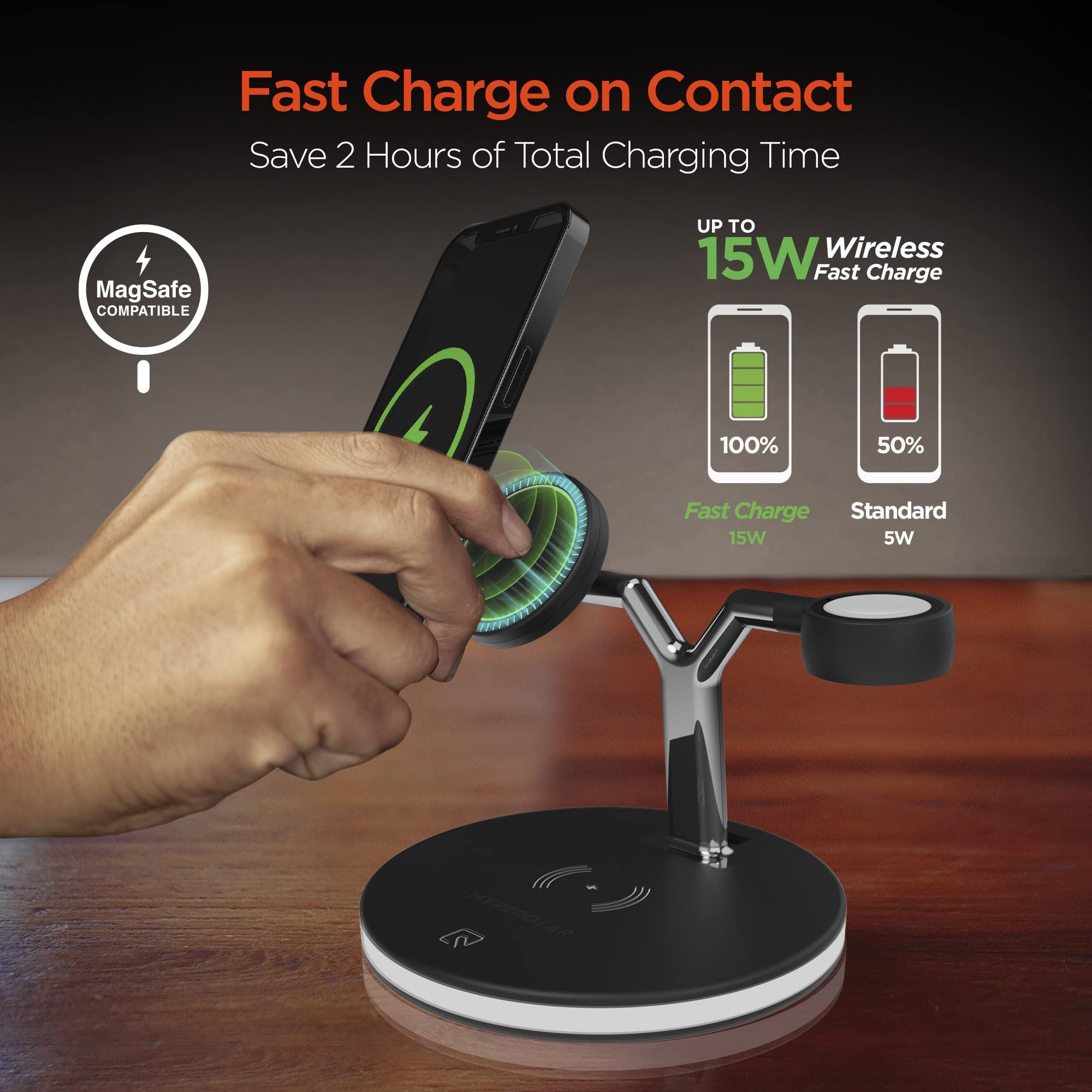 HyperGear MaxCharge 3-in-1 Wireless Charging Stand: Feature: Fast Charge on Contact: Engineered with 3X the power of standard wireless and wired chargers, the 15W maximum wireless charging output can save you 2 hours of total charging time. Optimized For iPhone Fast Charge: The charging stand automatically adjusts between a 5W, 7.5W, 10, and 15W maximum output to ensure that your phone will receive the fastest charge possible. Magnetic Alignment: With a dedicated Magnetic compatible wireless charging surface, hover your iPhone 13 or Magnetic device near the stand to instantly lock your device in place for easy one-handed functionality as you power up. Optimal Viewing Angle: Your phone and watch dock upright, keeping your hands free and your apps, notifications, and videos at a convenient and glance-able level while charging. It’s also perfect for Face ID and Nightstand mode