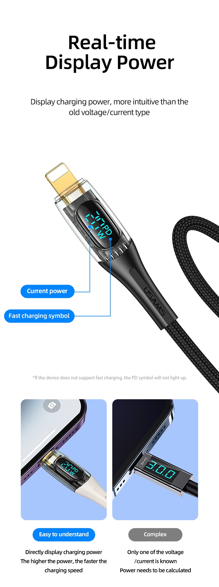USAMS SJ589 Type-C To Lightning 20W Transparent Digital Display Cable (2 Meter): Feature: PD 20W, fast charging for iPhone 8-14 series. Real-time digital display charging power. Transparent mechanical design, stylish and unique. Gold-plated connector, strong and durable braided material.) 