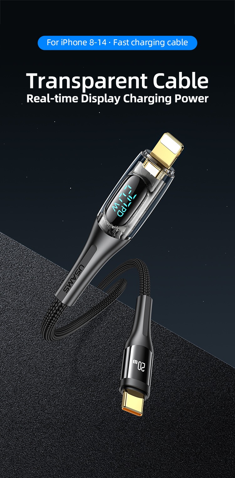 USAMS SJ589 Type-C To Lighting 20W Transparent Digital Display Cable (2 Meter)