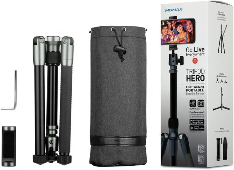 MOMAX Tripod Hero Portable Lightweight Camera Tripod Monopod Stand with Phone Clip TRS7
