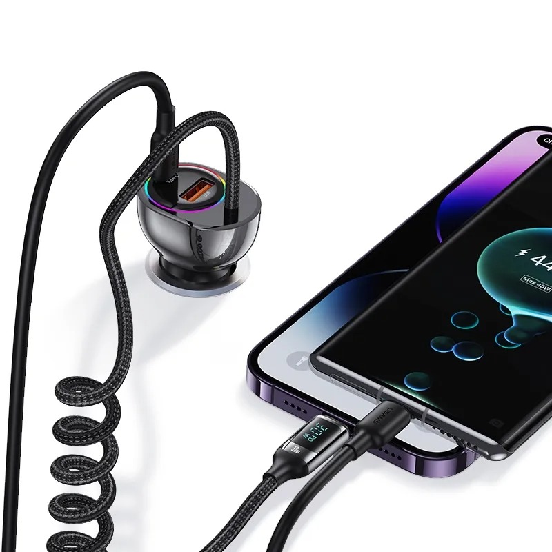 USAMS US-CC193 60W A+C Dual Port Car Charger with Digital Display 30W Lightning Spring Data Cable ( C37)