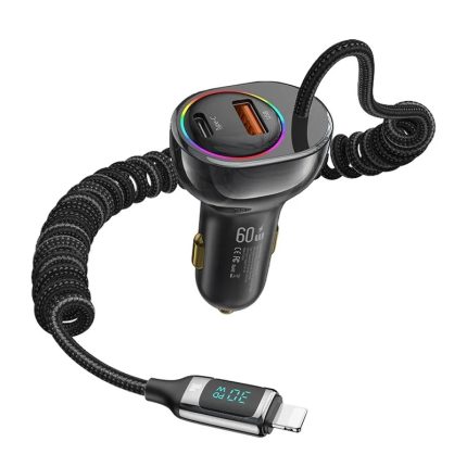 USAMS US-CC193 60W A+C Dual Port Car Charger with Digital Display 30W Lightning Spring Data Cable ( C37)