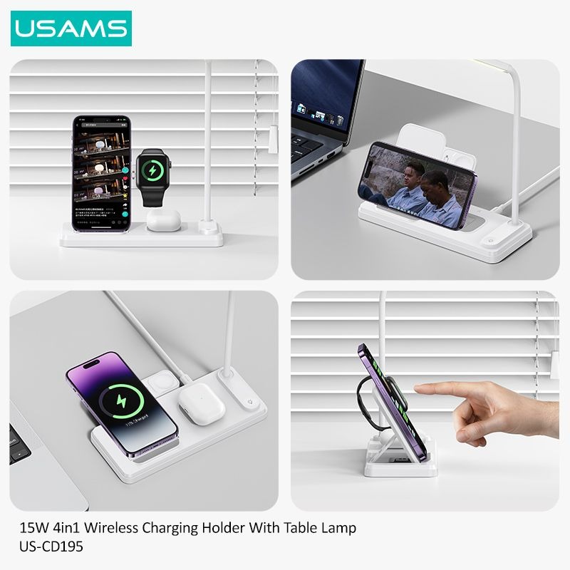 USAMS US-CD195 15W 4 IN 1 WIRELESS CHARGING HOLDER WITH TABLE LAMP: Feature: Usams to get faster wireless charging, it is recommended to use a charger that supports QC3.0 /PD protocol to power up the product. About 75% induction distance 8mm (Max) compatibility for phones with Qi wireless charging function, for AirPods and Apple watches accessories. Specification: Brand: Usams Model: US-CD195 Type: Electric, Wireless Charger, Universal Adapter Usage: Mobile Phone, LAPTOP, Universal , Electric Tool, Earphone, Tablet, Smart Watch Material: PC Fireproof Material, ABS Protection: Short Circuit Protection, Over-charging, Overcurrent, Overvoltage Function: PD, PD 3.0 Type-C Input: 5V/2A 9V/3A Wireless Output for Earphone: 5W (Max) Wireless Output for Phone: 15W (Max) Wireless Output for Watch: 4W (Max) Accessory: Type-C charging cable * 1 Port: TYPE-C Input voltage and current: 5V/2A, 100-240V/0.6A, 9V/3A Output voltage and current: 12V/1.25A, 9V/2A, 3.5V/2.4A, 5V/4.5A, 5V/2.4A Output Power: 15W