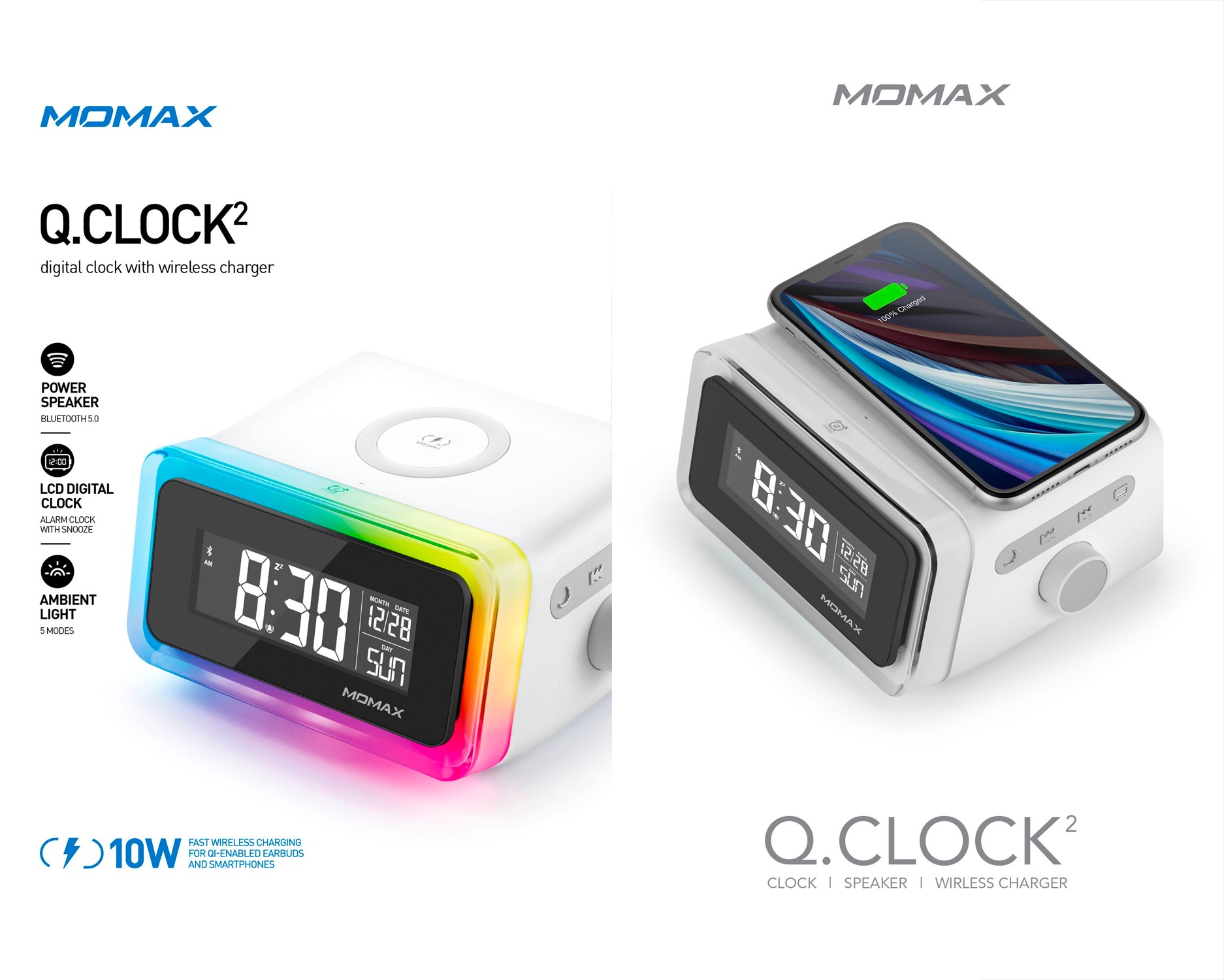 Momax Q. Clock 2 Digital Alarm Clock with Wireless Charging