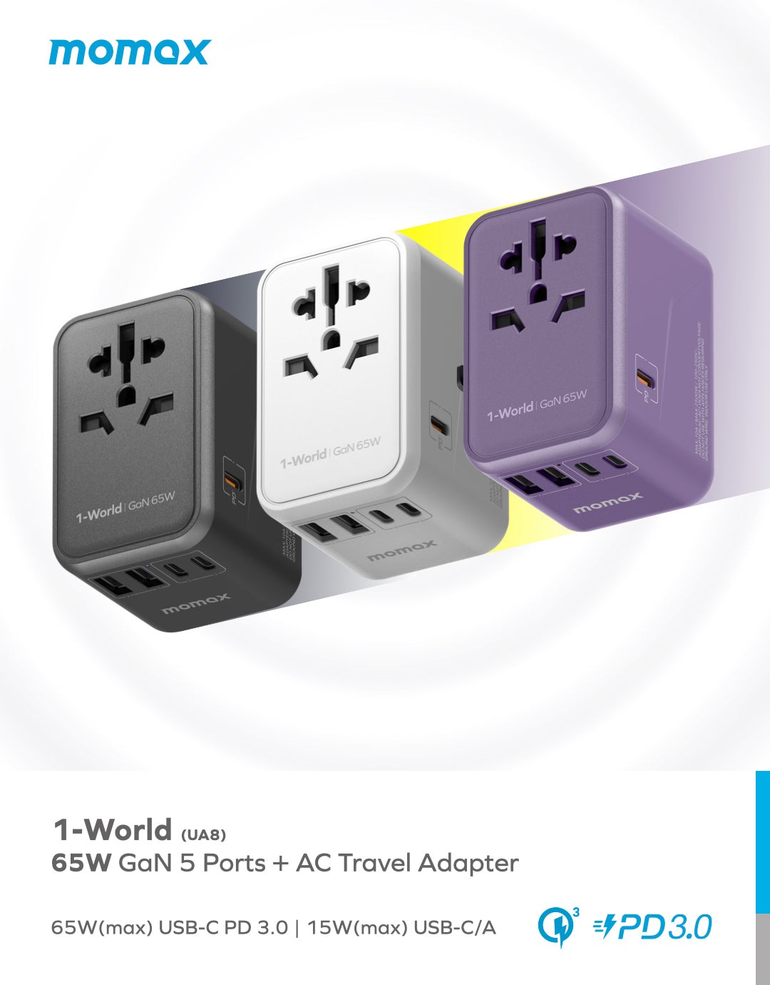 Momax UA8 1-World 65W GaN Travel Socket Adapter