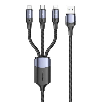 USAMS US-SJ561 U80 3IN1 Right-angle 66W Fast Charging & Data Cable: Features: Type-C supports Dual-Motor flash charging protocol VOOC/SCP/FCP/AFC/SCP/FCP/AFC/QC/VIVO When charging three ports at the same time Type-C keeps fast charging The 90-degree elbow does not block the hand. 480 Mbps theoretical transfer rate (Type-C port only) LED central control mood light Interface: Type-C + Micro USB + 8 PIN Material: aluminum alloy + braided wire. Cable length: 1.2m TYPE C: 6A MAX PIN: 2.4A MAX Multi-port output: 66W max. Specification: 3IN1 design, convenient and portable. Wide compatibility, power up to 66W (Max). Right-angle design, charging while playing. Type-C connector independent fast charging.