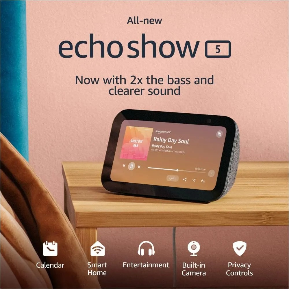 Amazon Echo Show 5 (3rd Gen 2023): Feature: ALEXA CAN SHOW YOU MORE – Set alarms and timers, sleep soundly with a relaxing playlist, start your morning with a smart home routine, see your calendar or weather clearly – all with your voice. SMALL SIZE, BIGGER SOUND – Stream your favorite music, shows, podcasts, and more from providers like Amazon Music, Spotify, and Prime Video—now with deeper bass and clearer vocals. Includes a 5.5″ display so you can view shows, song titles, and more at a glance. KEEP YOUR HOME COMFORTABLE – Control compatible smart devices like lights and thermostats, even while you’re away. SEE MORE WITH THE BUILT-IN CAMERA – Check in on your family, pets, and more using the built-in camera. Drop in on your home when you’re out or view the front door from your Echo Show 5 with compatible video doorbells. SEE YOUR PHOTOS ON DISPLAY – When not in use, set the background to a rotating slideshow of your favorite photos. Prime members also get unlimited cloud photo storage. STAY CONNECTED WITH VIDEO CALLING – Use the 2 MP camera to call friends and family who have the Alexa app or an Echo device with a screen. Make announcements to other compatible devices in your home. DESIGNED TO PROTECT YOUR PRIVACY – Amazon is not in the business of selling your personal information to others. Built with multiple layers of privacy controls including a mic/camera off button and a built-in camera shutter. Privacy is paramount: Amazon prioritizes safeguarding your data, incorporating privacy controls like mic/camera off and camera shutter. Amazon ensures privacy: No personal data sales. Features include mic/camera off button and built-in camera shutter for enhanced security.