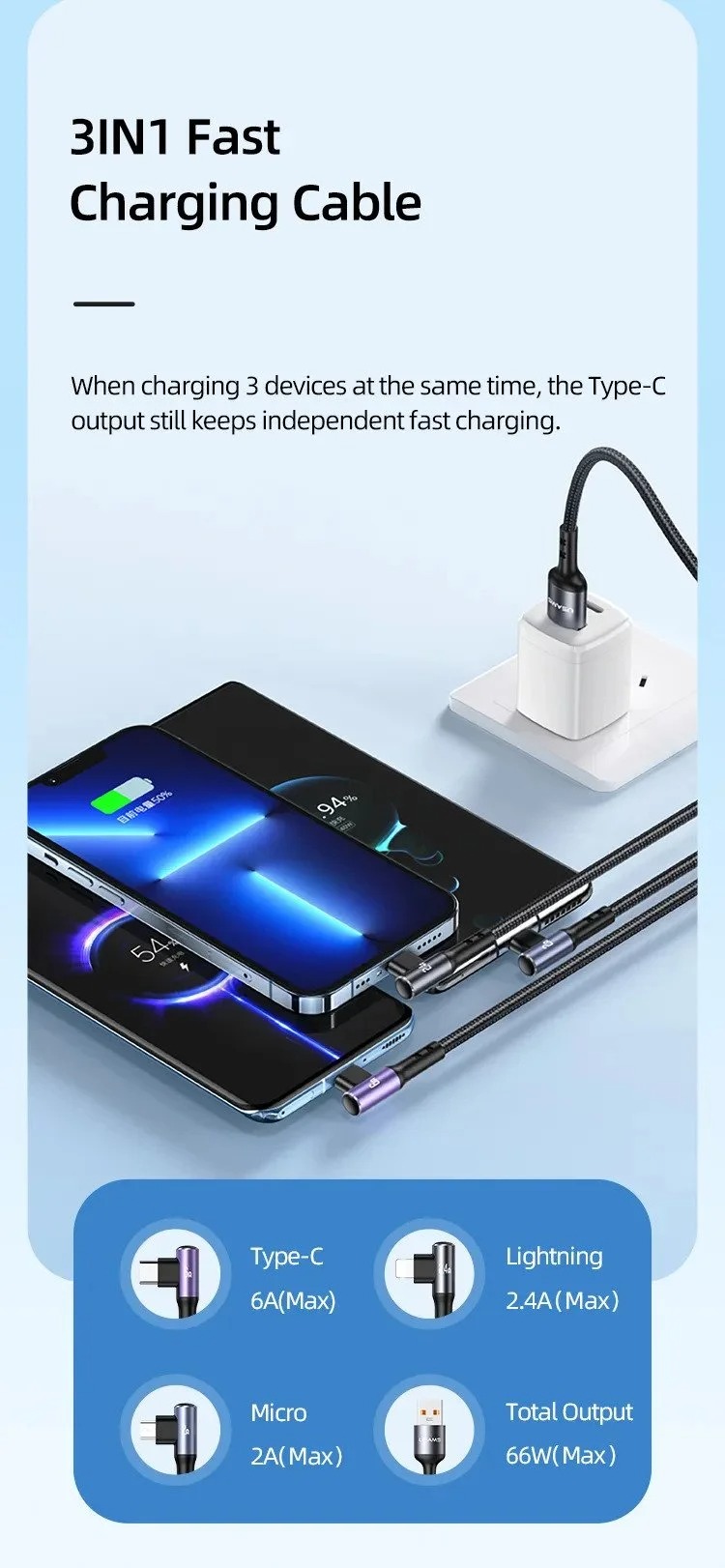 USAMS US-SJ561 U80 3IN1 66W Fast Charging & Data Cable