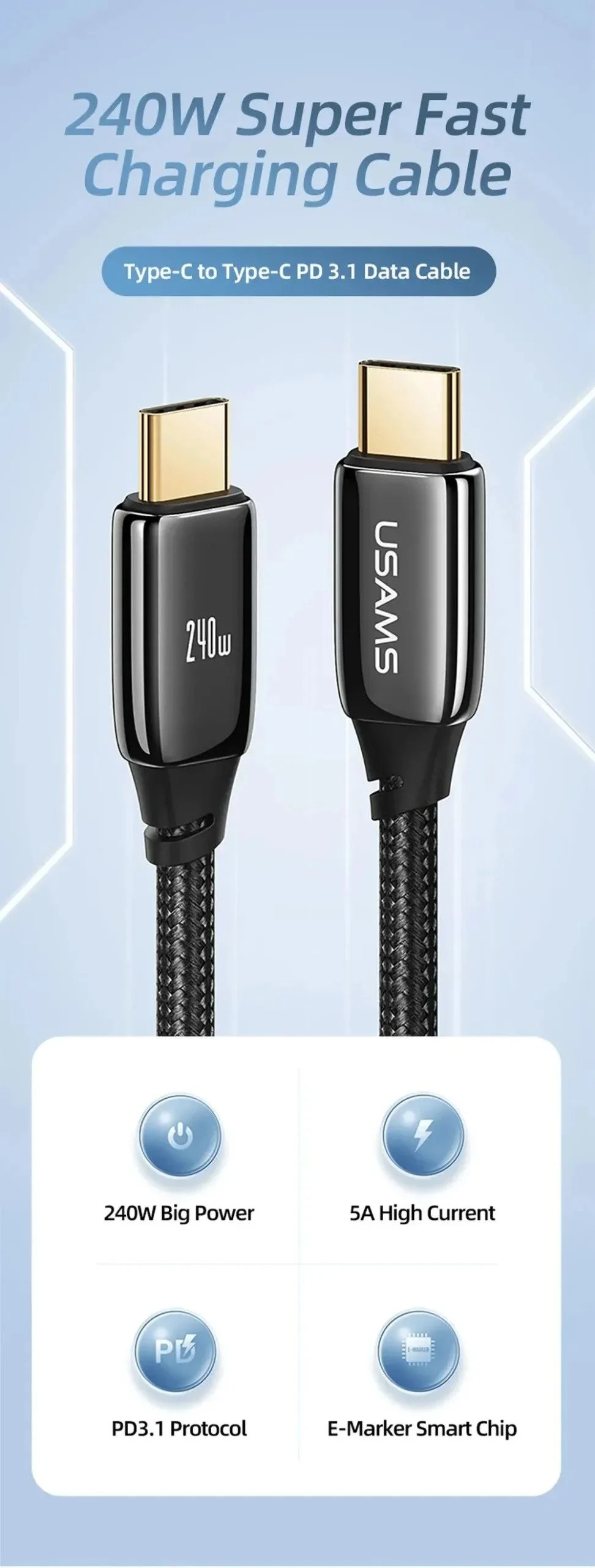 USAMS US-SJ581 U82 PD 240W 2 Meter Zinc Alloy Cable