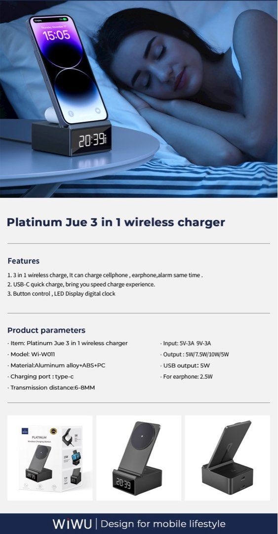 WiWU Wi-W011 Platinum 15W 3 in 1 Wireless Charger with Clock