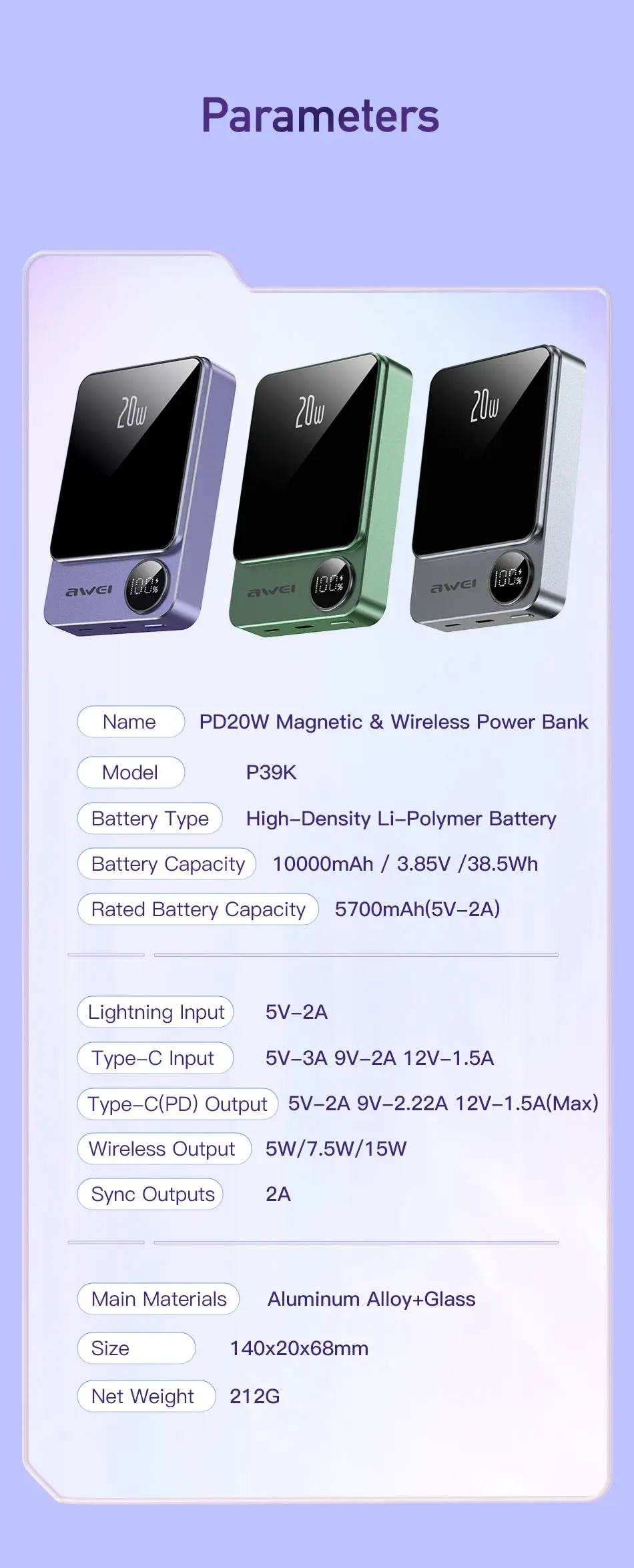 Awei P39K 10000mah 20W PD Wireless Magnetic PowerBank