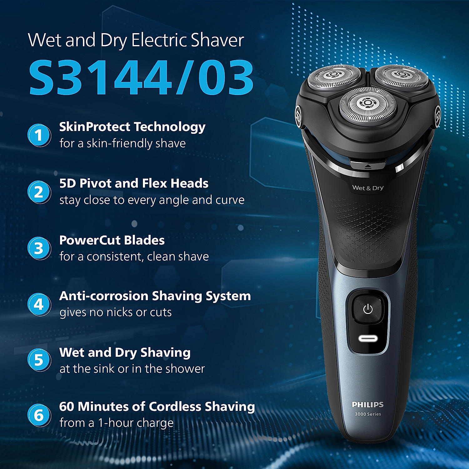 Philips S1151/03 Electric Shaver Wet and Dry Shave Self Sharpening Blades Cordless Waterproof Shaver